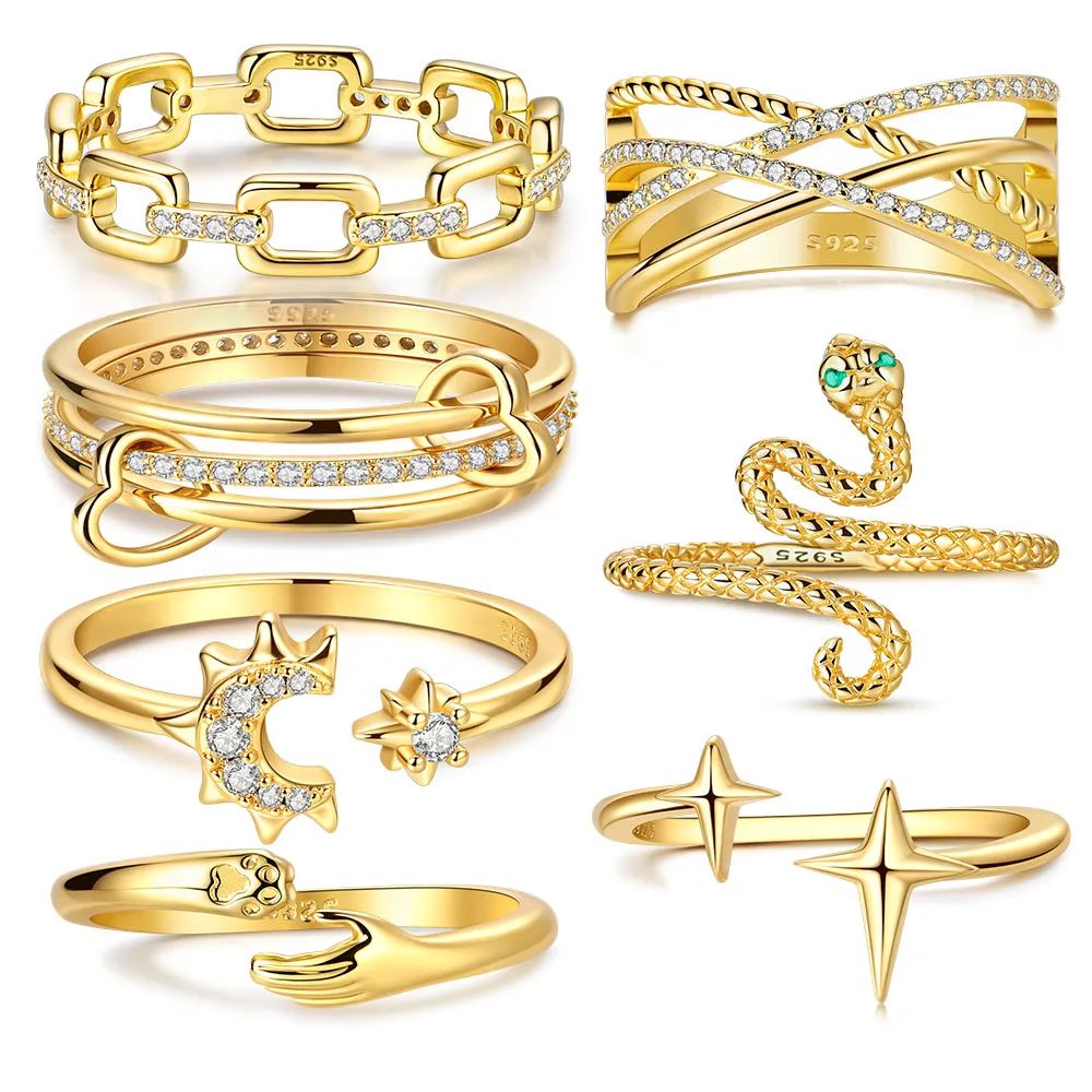 Exquisite Goldfarbe Serie 925er Silber vergoldet klassischer Stern Mond Zirkon Ring Charm Schmuck Geburtstag Party Geschenk