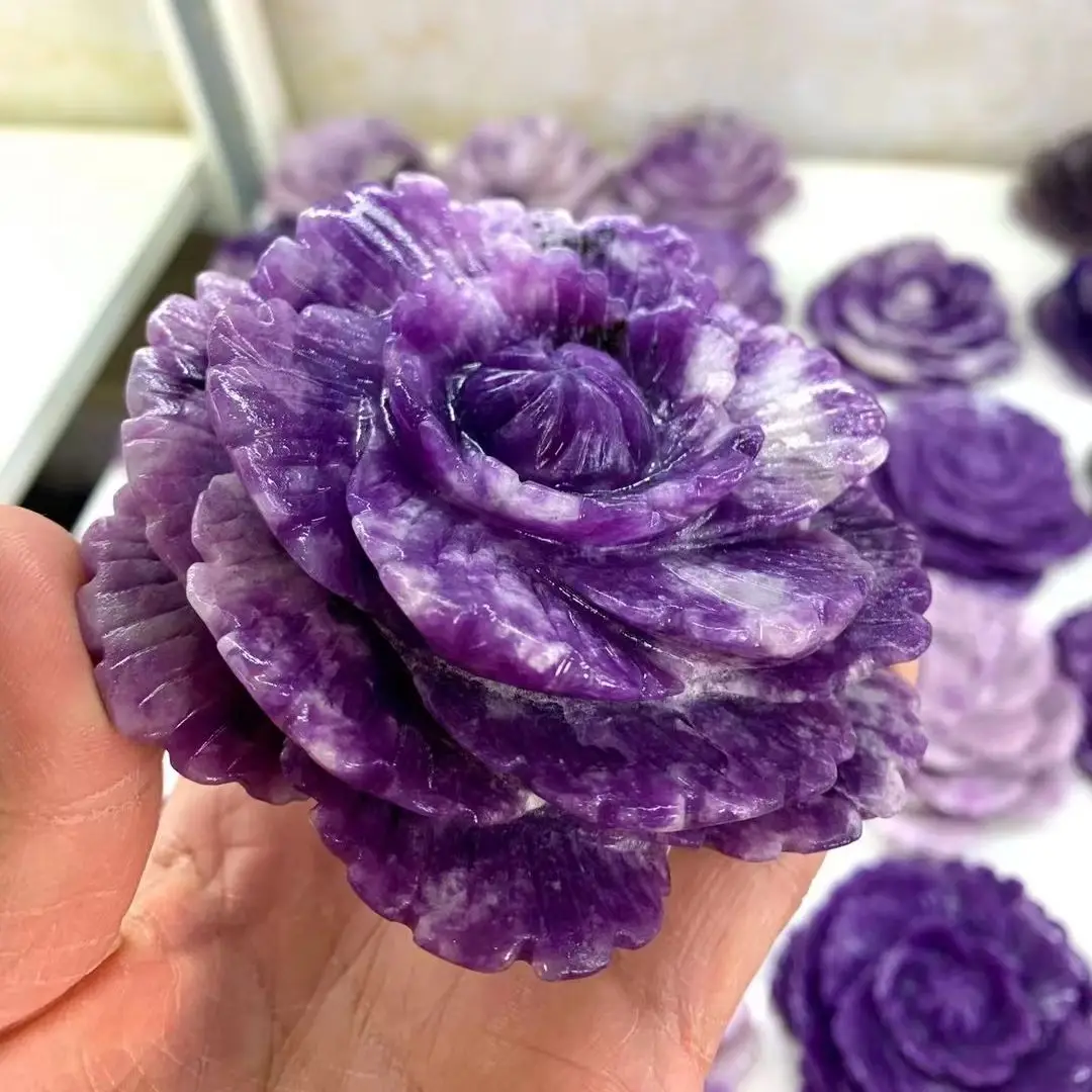 

2pcs Natural Purple Cloud Mother Crystal Carving Peony Flower Energy Gem Reiki Healing Home Office Decoration Gift Collection