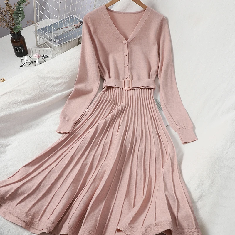 2025 新しいニット女性ボディコンパーティードレス長袖プリーツ固体ストレッチドレスオフィスレディスリム A ライン Vestido ベルト