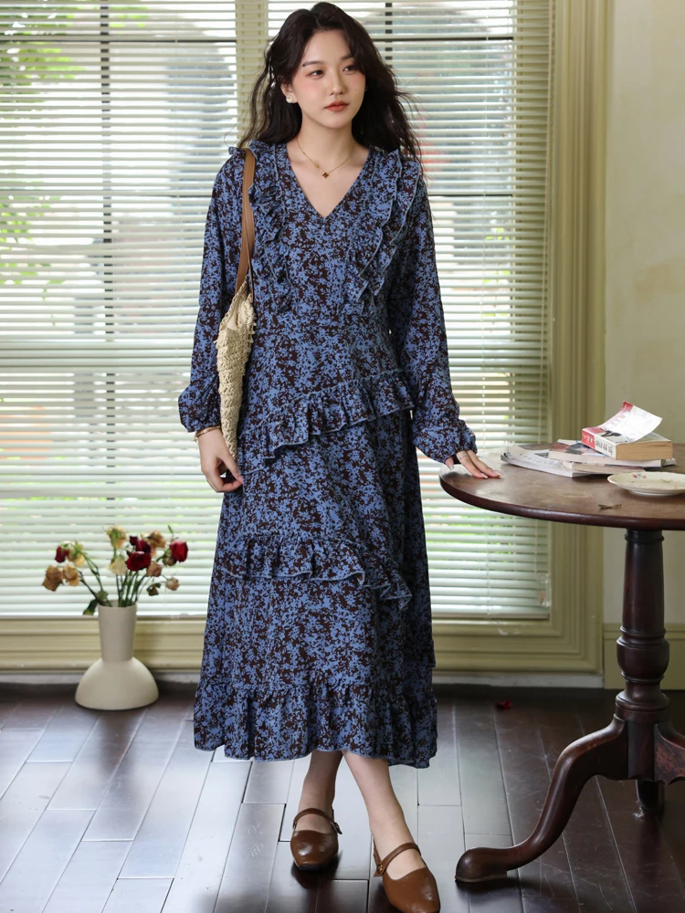 NYFS 2025 الكورية نمط المرأة كم طويل فستان طويل فضفاض حجم كبير الخريف رداء الخامس الرقبة الأزهار Elbise فساتين طويلة #4