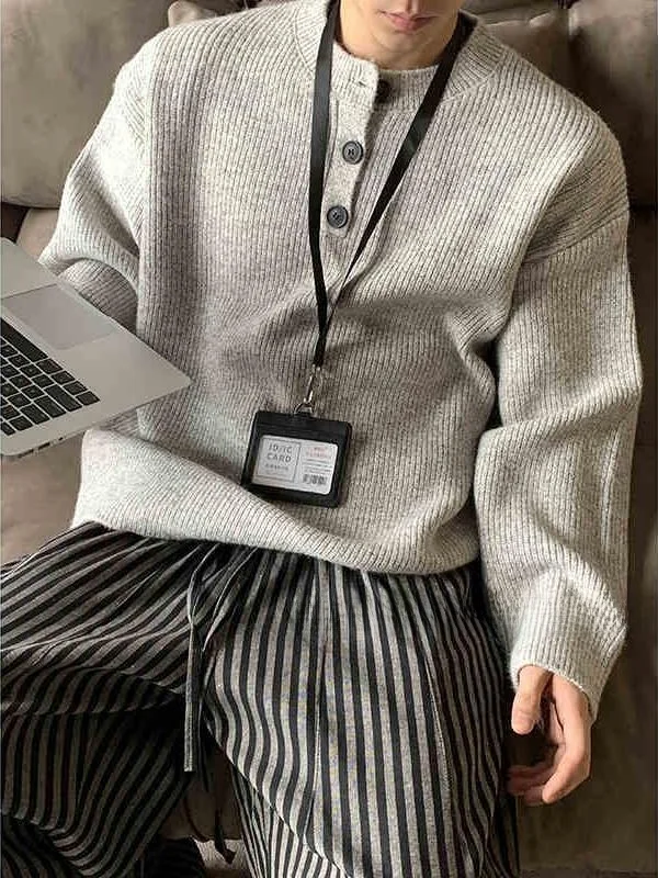 

Мужской свитер PLTH Lazy Sle из смесовой пряжи, повседневный, свободного кроя, с воротником хенли, молодежный, зимний, с длинными рукавами, круглый вырез