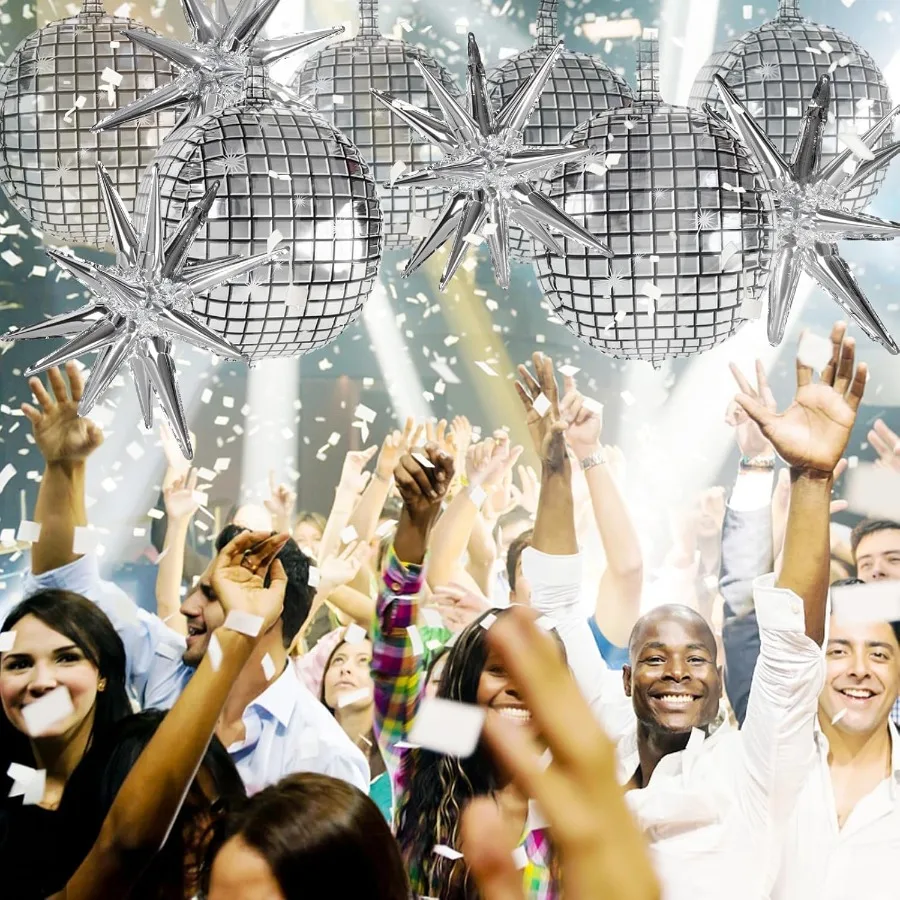 22 بوصة كبيرة 4D لامع الفضة ديسكو بالونات مع نجوم ل 70s ديسكو ديكور حفلات تحت عنوان عيد ميلاد السنة الجديدة عيد الميلاد احتفال