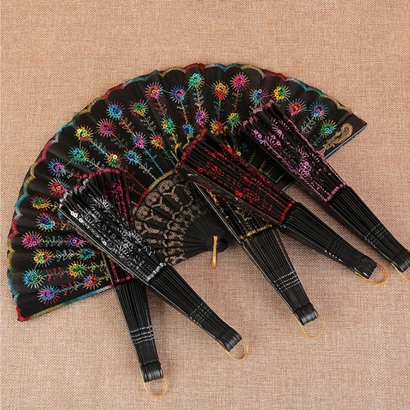 1pc Retro Embroidery Sequin Folding Fan Glitter Peacock Tail Design Hand Fan Decorative Crafts Stage Play Performances Dance Fan