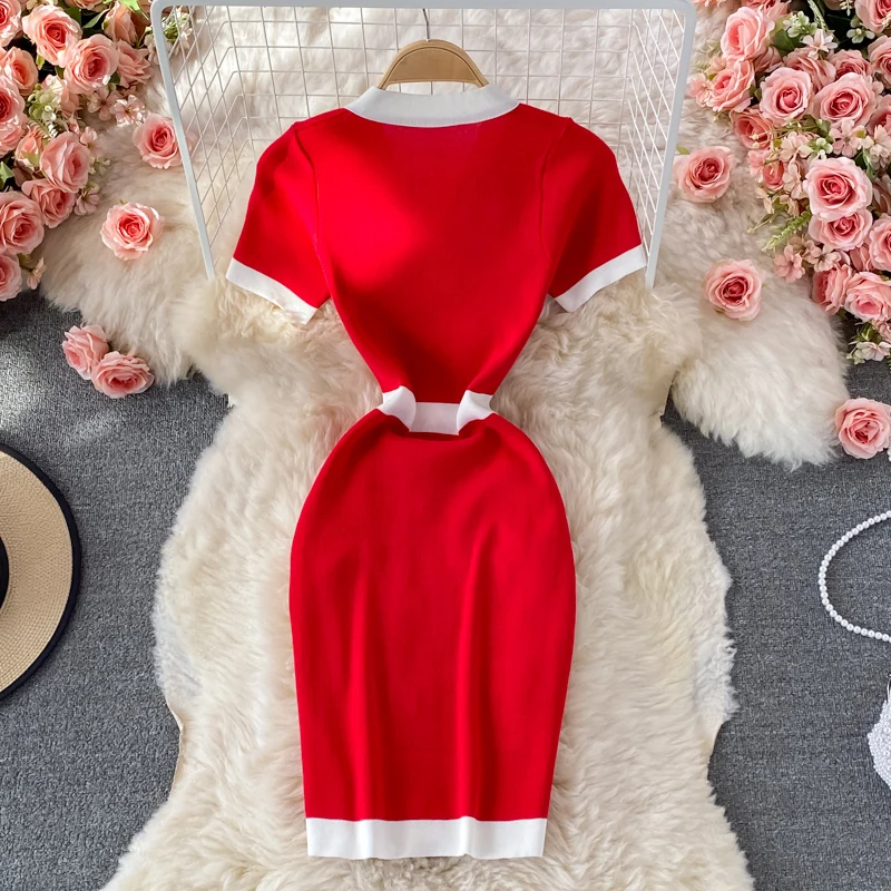 Sexy Chic Elastic V Neck Knit Bodycone Pencil Dress Solid Tight  Wrap Vestidos Korean Fashion Party Basic Slim Summer Women Robe