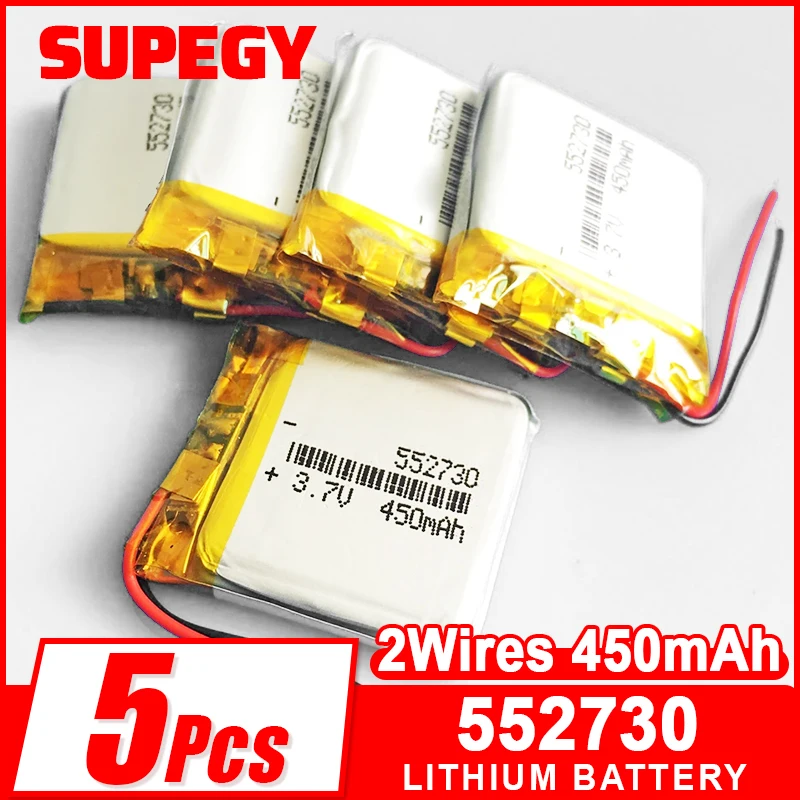 5 pcs 3.7V 450mAh Lipo polymer lithium Rechargeable Battery 552730 For GPS Massager Bluetooth speaker smartwatch recorder camera