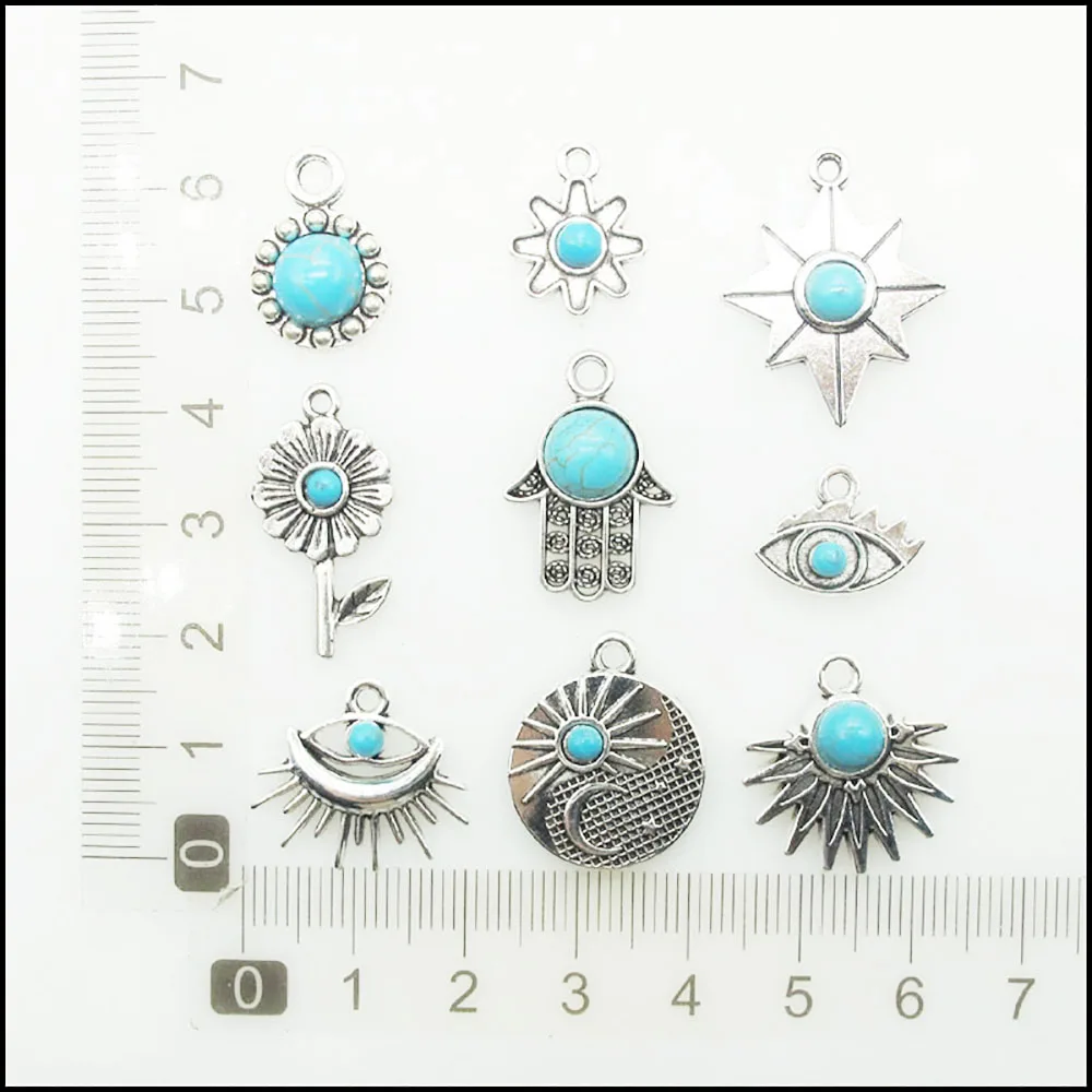 New Retro Plam Leaf Sun Eye Moon Star Flower Charms Antiqued Silver Plated Turquoise Pendants For Gifts Jewelry
