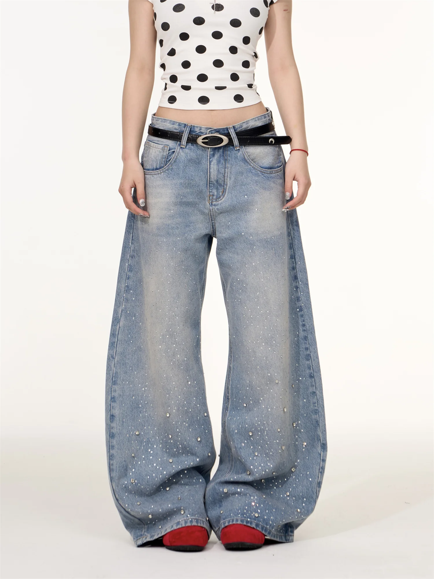 

Low Waist Wide Leg Jeans Women's Summer Loose Fit Sparkling Rhinestone Bootcut Pants Hip Concealing Long Trousers