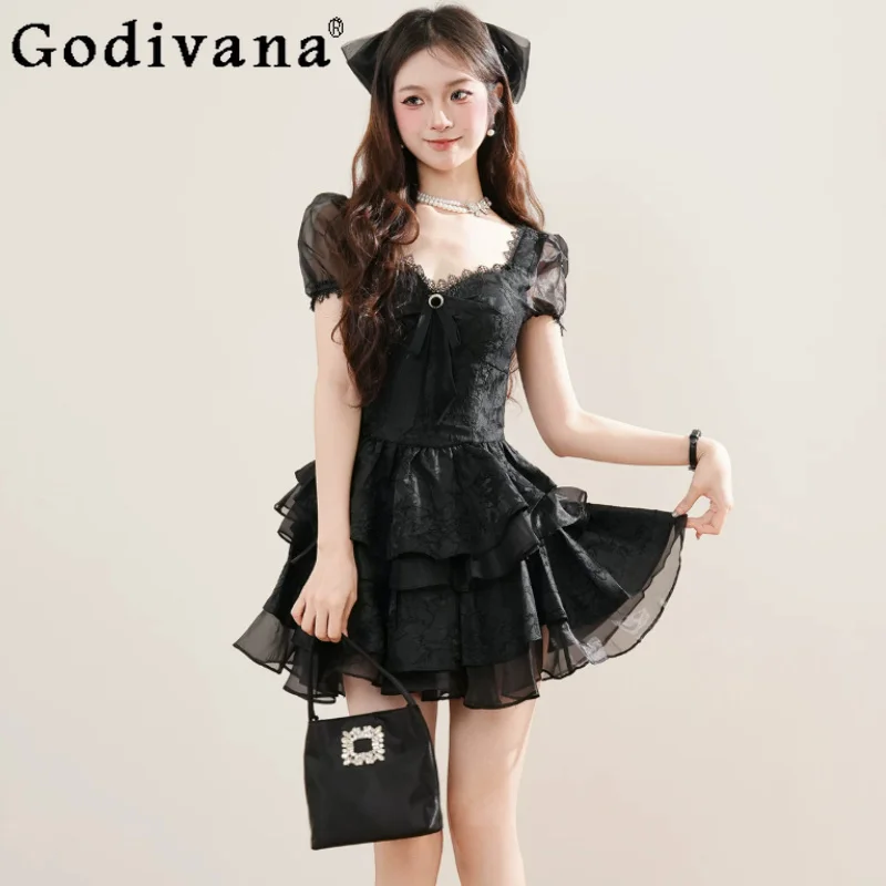 Summer New Black French Lolita V-neck Puff Sleeve Dress Fashion High Waist A-line Versatile Age Reduction Sweet Princess Dresses
