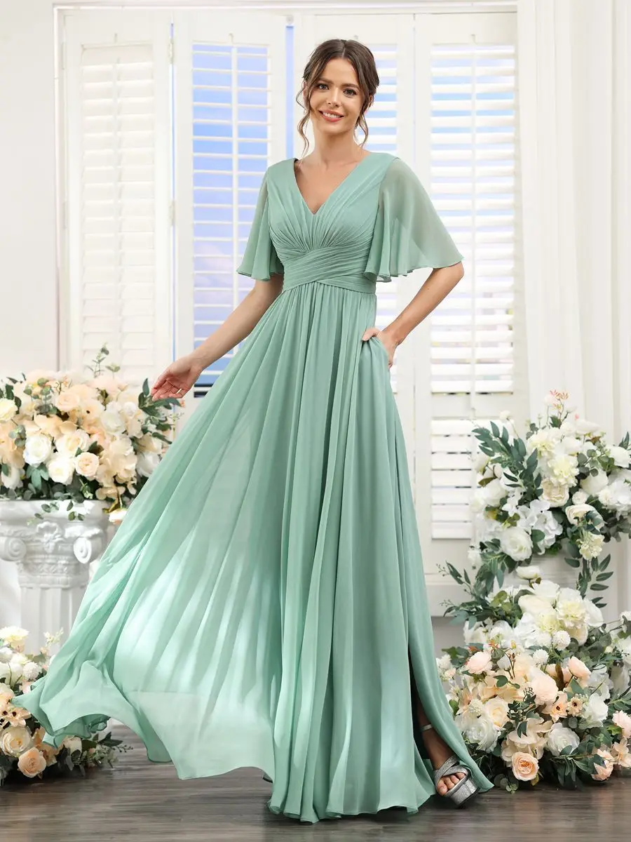 A Line Chiffon Bridesmaid Dresses Short Sleeve V Neck Slit Pleat Elegant Wedding Party Formal Prom Evening Zipper Back