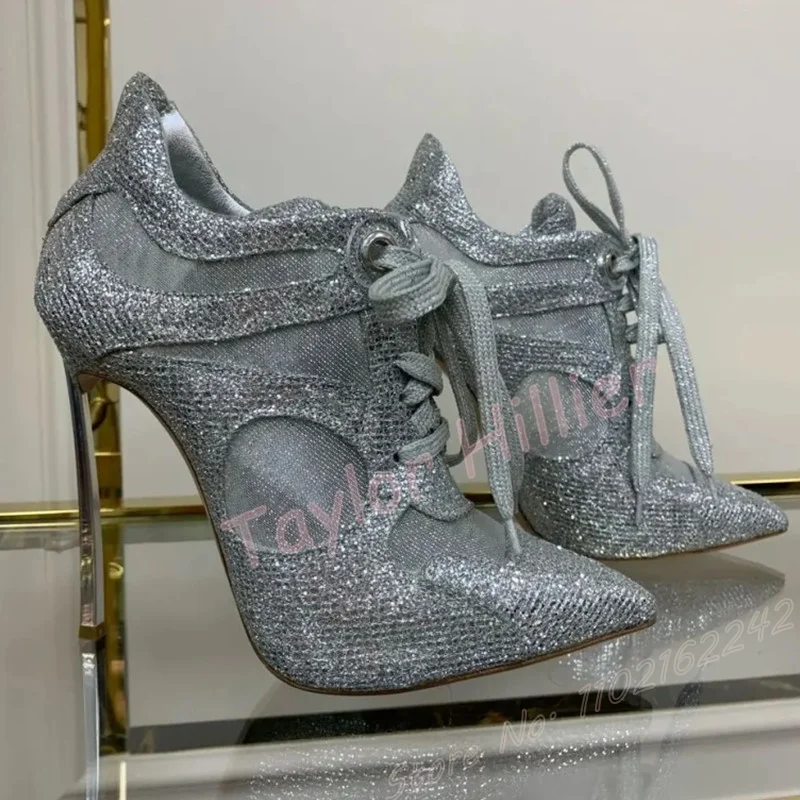 

Silver Breathable Mesh Stiletto Lace-Up Shoes Pointed Metal Heel Splicing Pumps Sexy Party Big Size Sports Short Boots Ladies 46