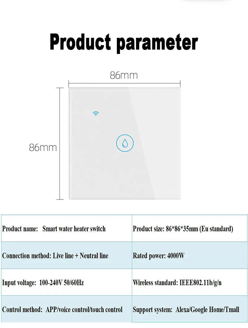 TUYA 20A Water Heater Switch Smart Wifi Touch Wall Switch Timing Remote Control Work With Google Home and Alexa