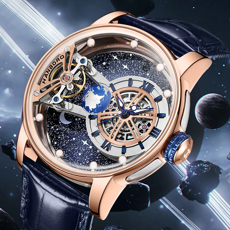 Reloj Hombre HANBORO Mechanical Watch for Men Brand Luxury Starry Sky Automatic Wrist Watch 50M Waterproof Man Relogio Masculino