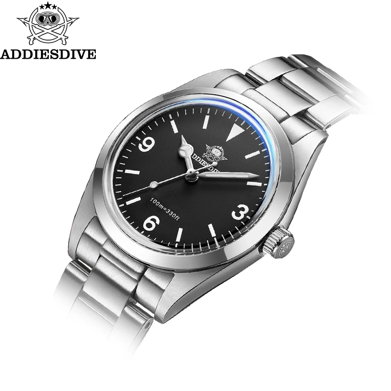 ADDIESDIVE Quartz Watches Men Stainless Steel 36mm Black Dial Diver Wristwatches Bubble Mirror Glass BGW9 Luminous Analog Watch