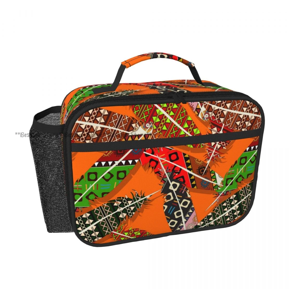 Horizontal Hand Carry Insulated Bento Lunch Bag Feather Pattern Thermal Reusable Meal Container Bag