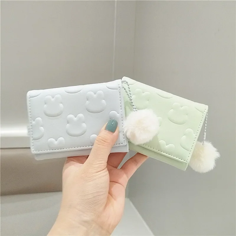 2024 Korean Version New Fresh and Cute Rabbit Print Niche Design Wool Ball Pendant Folding Short Student Portable Wallets Purse