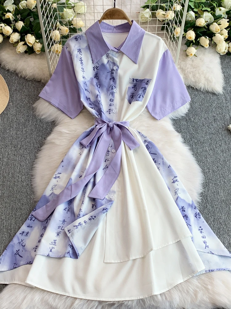 فستان صيفي نسائي جديد بتصميم صيني مع طباعة زهور وياقة مقلوبة وأكمام قصيرة، فستان طويل غير متماثل يبرز الخصر ويمنح مظهراً نحيفاً #1