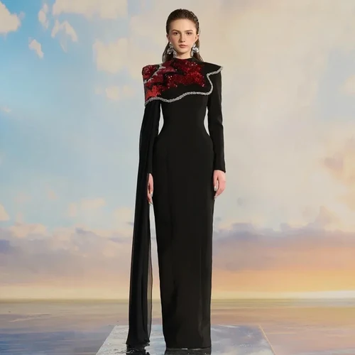 Imagen 1 del producto Vestido de noche musulmán de manga larga de ensueño, cuello alto, recto, largo hasta el suelo, personalizado, para ocasiones formales, vestidos para eventos y banquetes