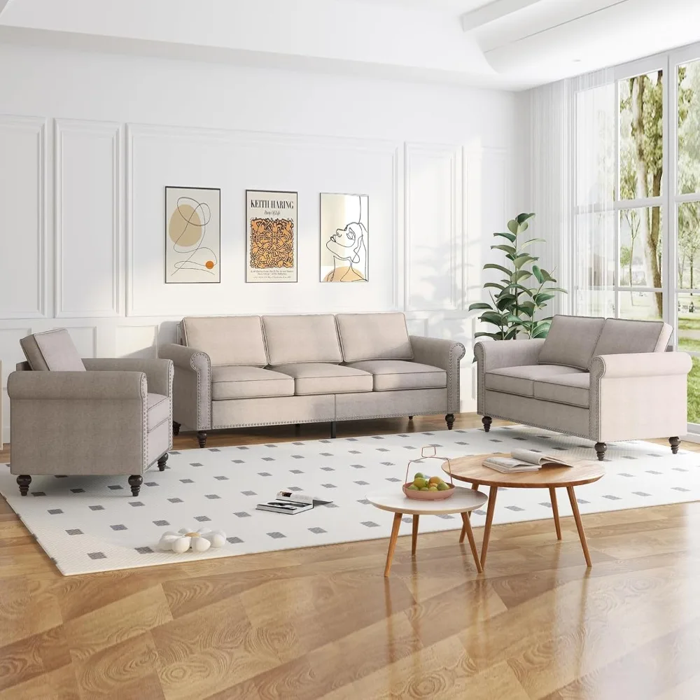 Beigefarbenes Sofagarnitur im modernen Stil, 3-Sitzer-Sofa und Loveseat + Sessel, Wohnzimmermöbel-Set, Sofas für Wohnzimmermöbel