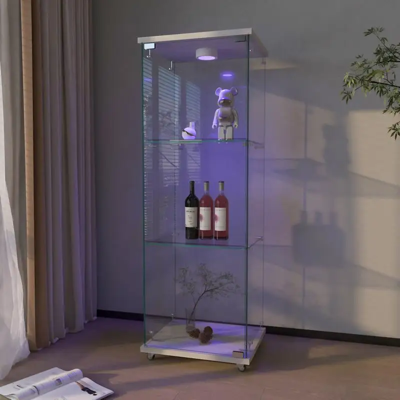 خزانة عرض زجاجية حديثة مع مصابيح LED، طراز عتيق سريع التجميع، رف كتب من الزجاج المقسى لغرفة المعيشة وغرف النوم،