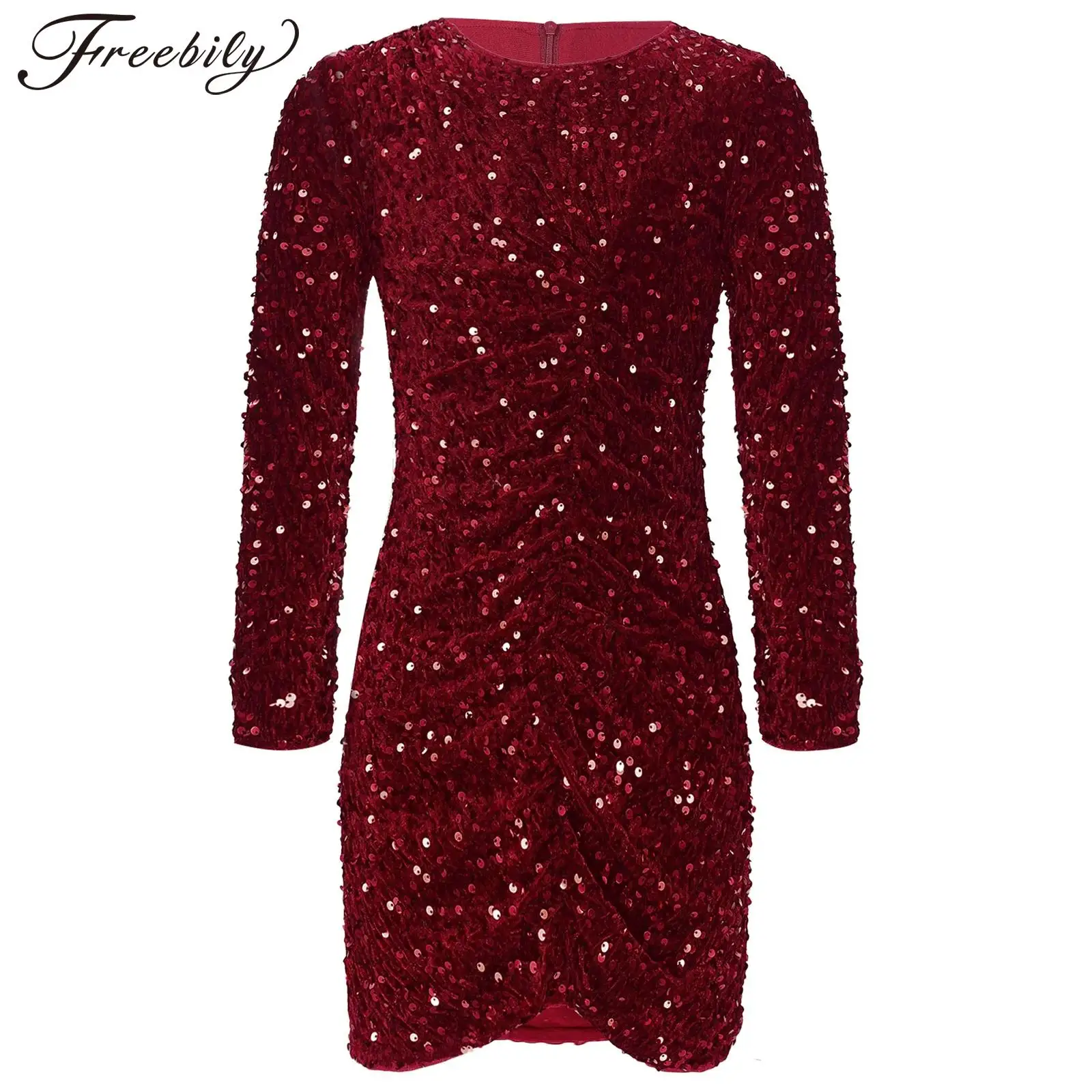 Kids Girls Glitter Sequin Party Gown Performance Long Sleeve Bodycon Dress for Birthday Proms Ballroom Graduation Ceremony