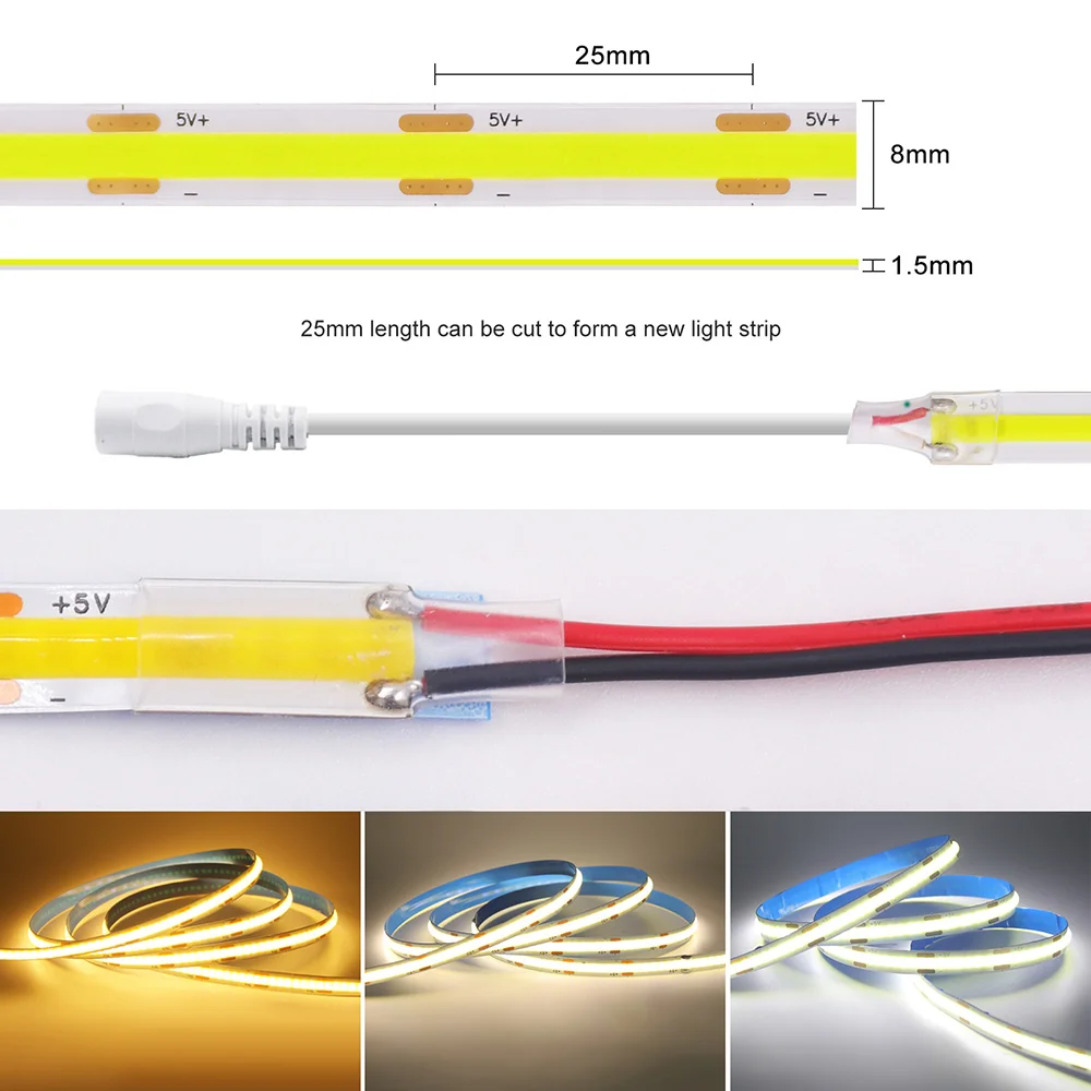 DC 5V LED COB Strip Light USB 2pin DC Plug Connector 3000K 4000K 6000K 320 LEDs Flexible Tape Decor High Density Linear Lighting