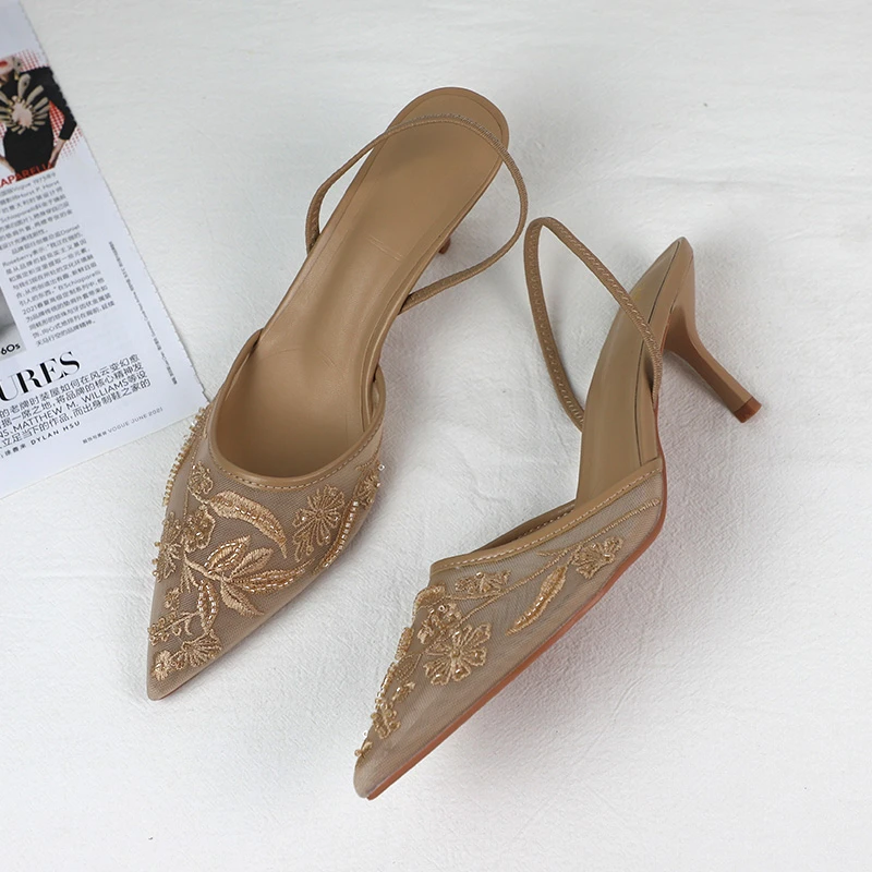 Luxury Brand High Heels Women Sandals Mesh Embroider Elegant Pointed Ladies Slingback Evening Party Wedding Bridal Dress Shoes