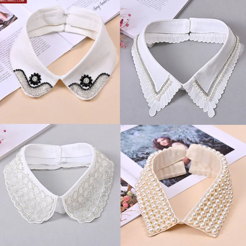 White Fake Collar Women Elegant Diamond Detachable Collars for Women False Shawl Shoulder Wrap Lapel False Collars Woman Tie