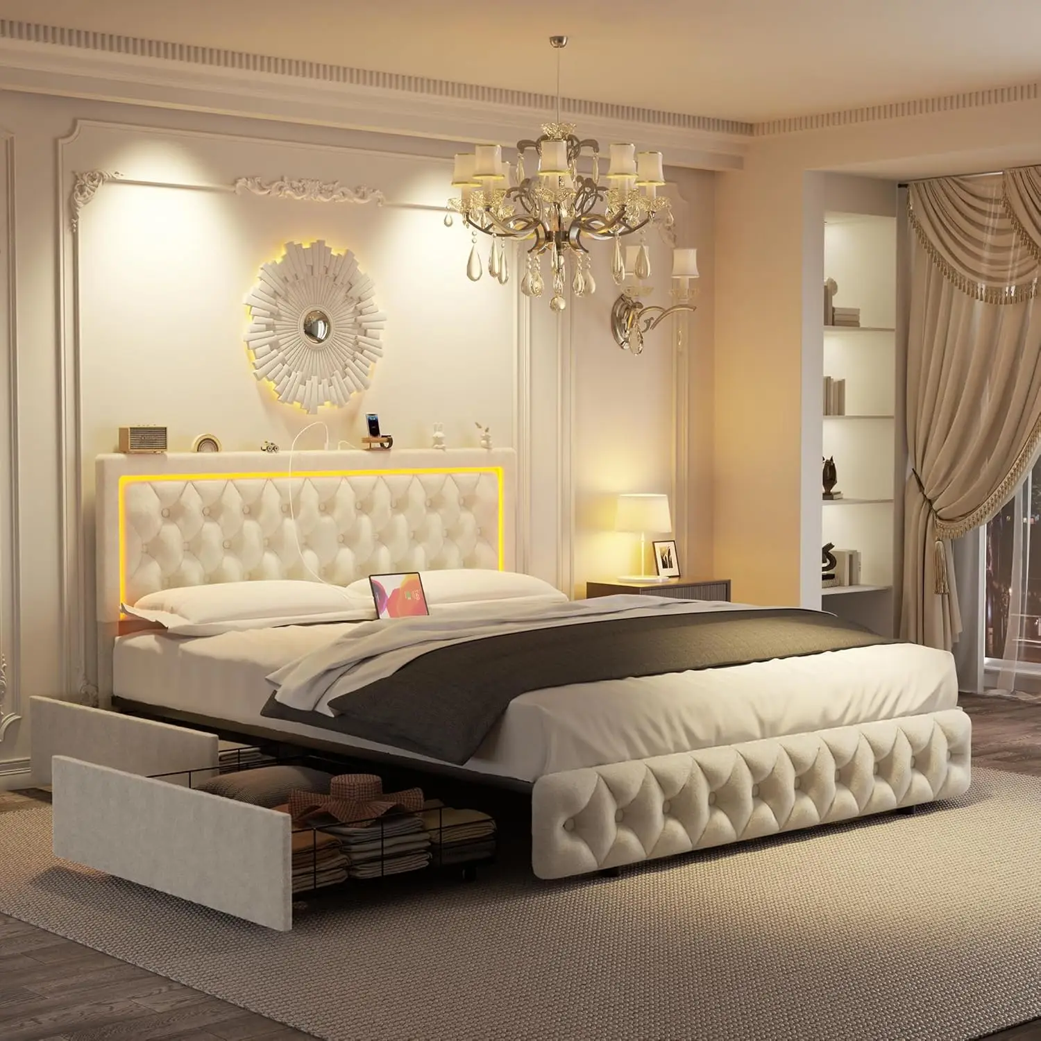 Queen Size Bed Frame with 4 Storage Drawers, Upholstered Platform Bed with Type-C & USB Ports, Adjustable Button Tufted