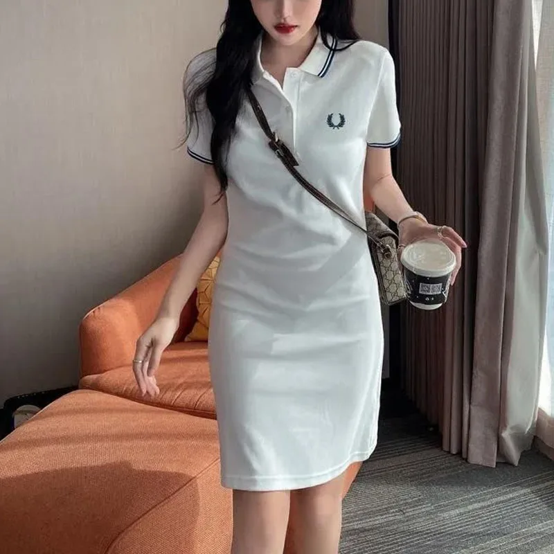 2024 Summer New Women Lapel Collar Short Sleeve Comfortable Slim Solid Color Appear Thin T-shirt Casual Motion High Waist Dress