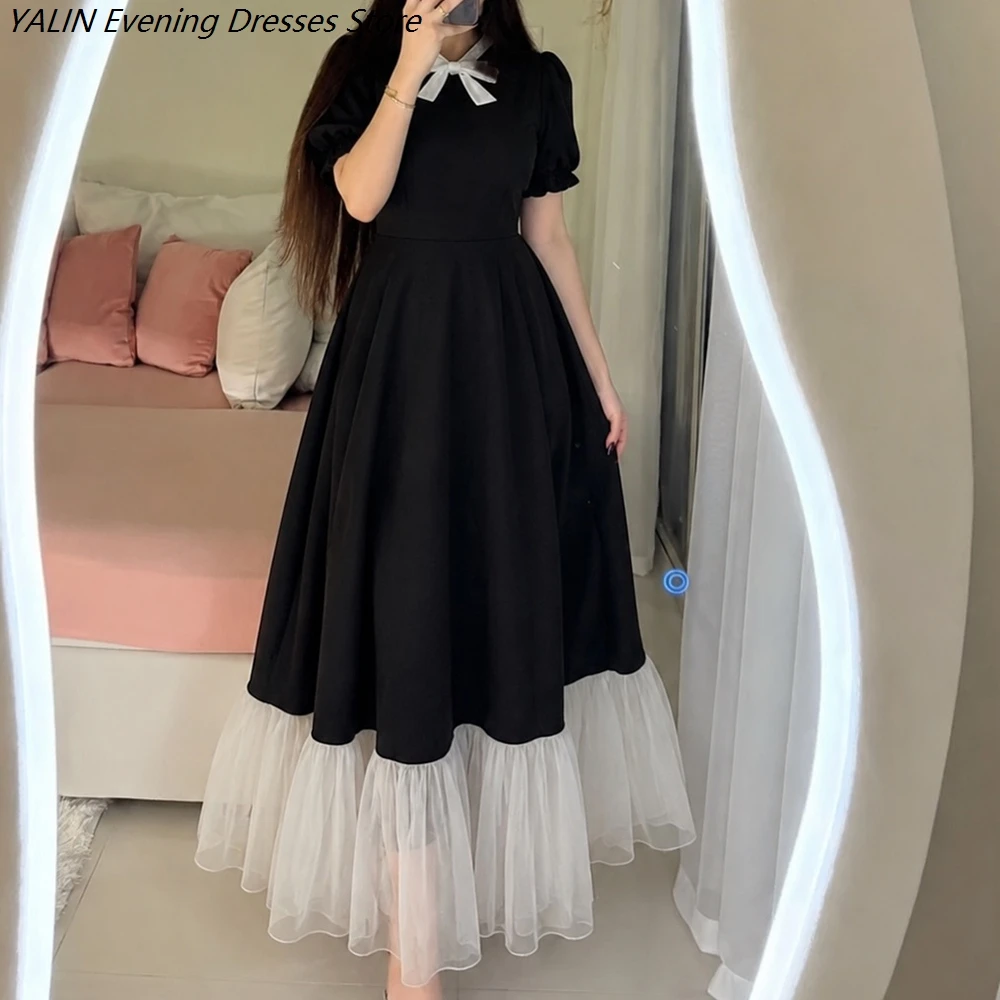 

Women's A-line Evening Dresses Ankle-length O-neck Short Sleeve Prom Dresses Fashion Bow Simple Draped Casual Customized Gowns