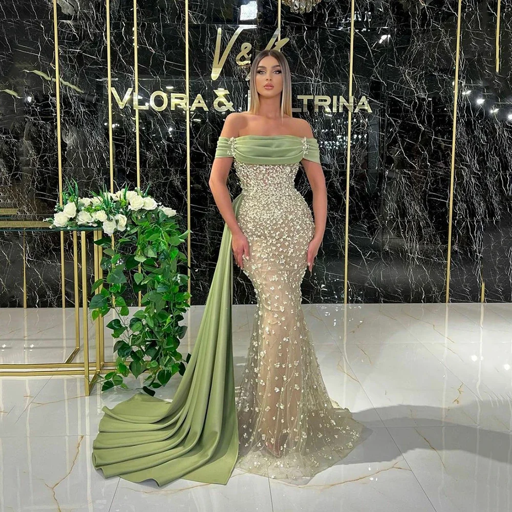 Vestido de noche de sirena verde para mujer, plisado, encaje, cuentas de tul, largo, Formal, 2023