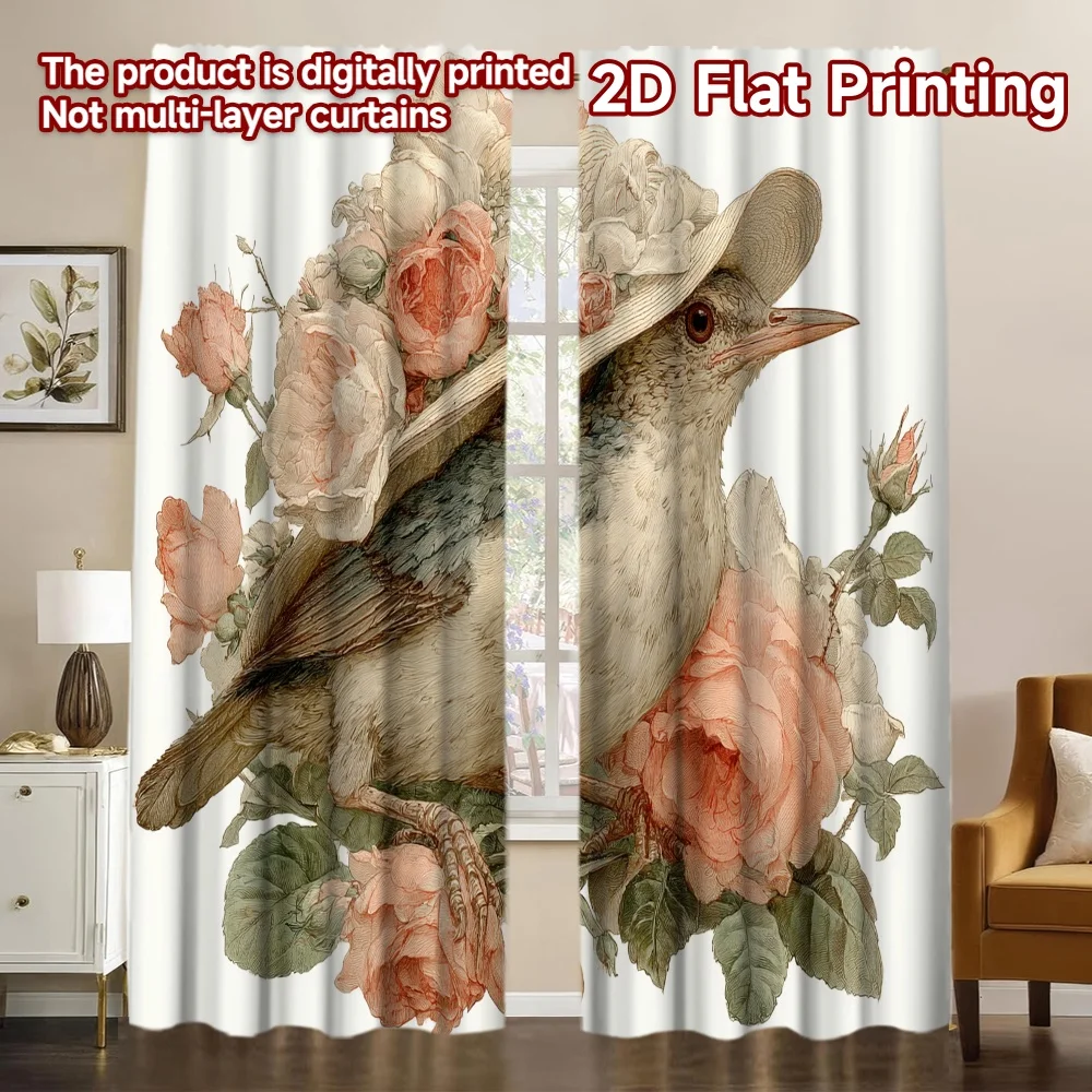 2D Flat Printing,2pcs Elegant Bird with Roses Pattern Modern Curtains Fabric Curtains Festive Perfect for Translucent Curtains