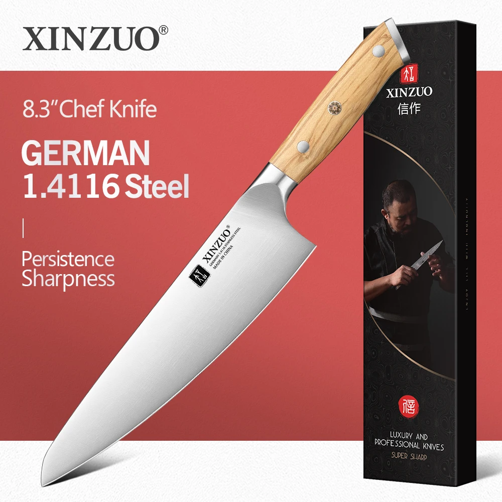 

XINZUO 8.2-inch German Chef Knife, crafted with German DIN 1.4116 steel 15° precise blade angle, meeting all cutting needs