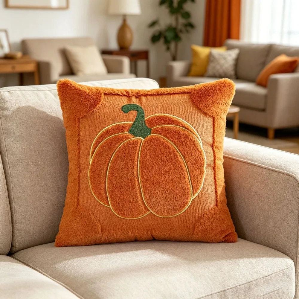 18x18 Inches Throw Pillow Covers Pumpkin Pattern Faux Wool Material Pillowcase Soft Fabric Embroidery Details Pillow Cases