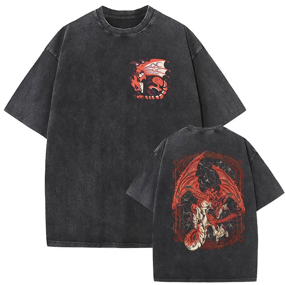 Top Monster Hunter Gore Magala Game Print Washed Distressed Short-sleeved T-shirt for Men and Women Pure Cotton