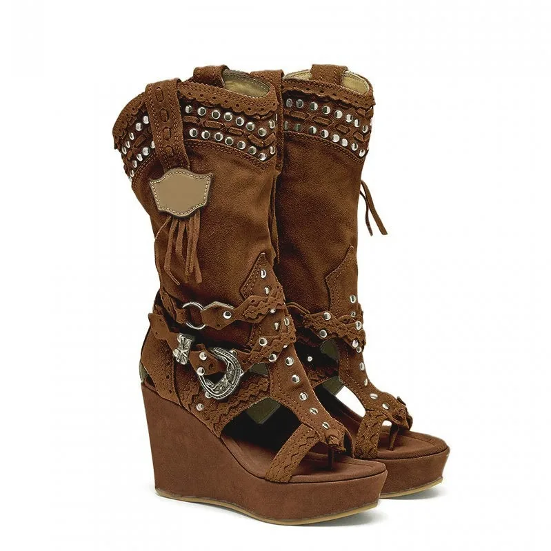 

Medieval Women's European and American retro women's sandals summer brown clip-toe thick-soled high-heeled Martin boots