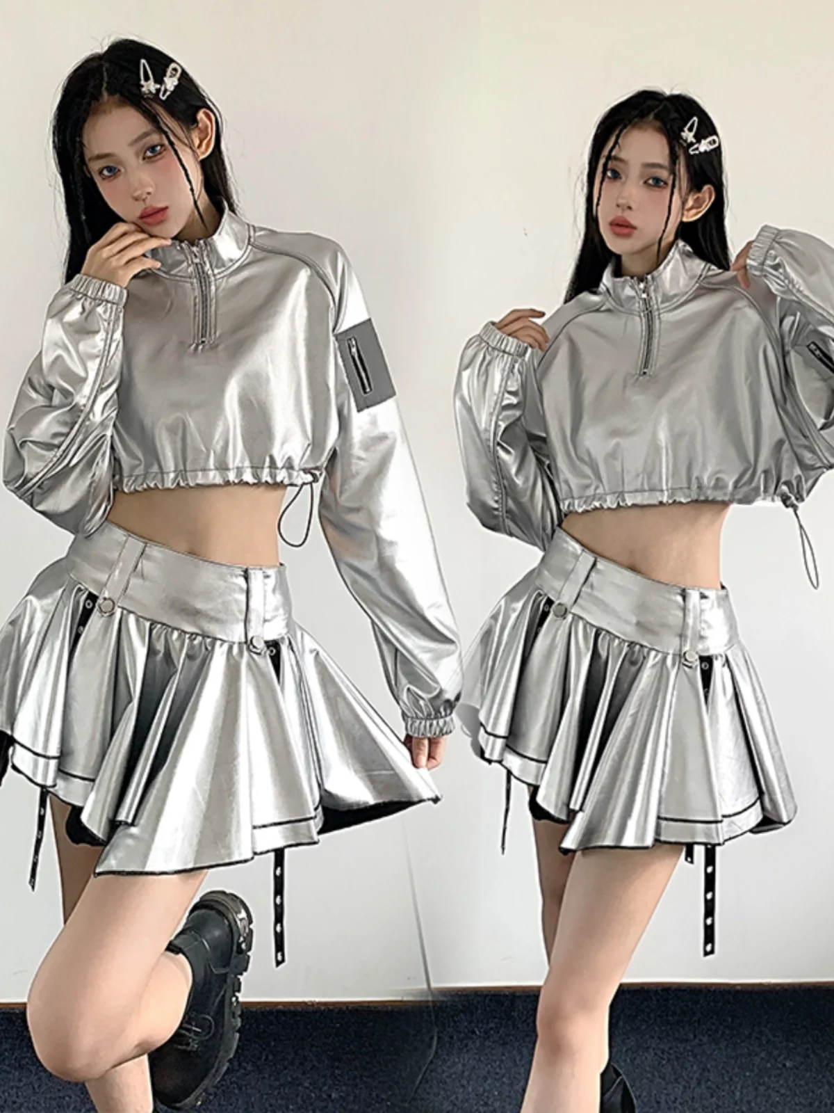 

Silver Skirt Jazz Dance Performance Costume Women's Group Annual Conference Outfit Hiphop Street Dance Kpop Competition Set