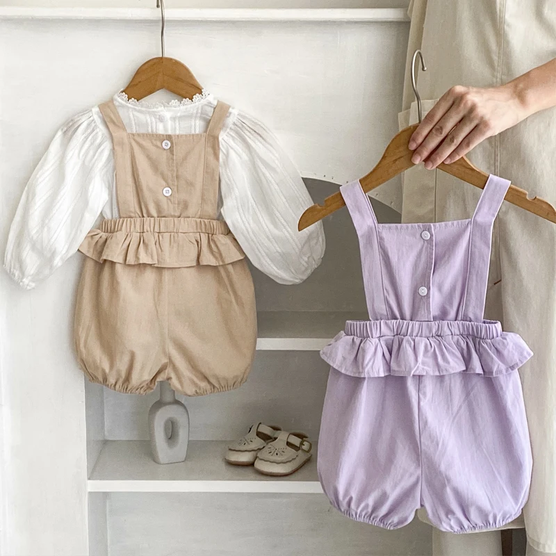 Autumn new 0-3 year old baby set for baby girl with jacquard long sleeved top and embroidered overalls