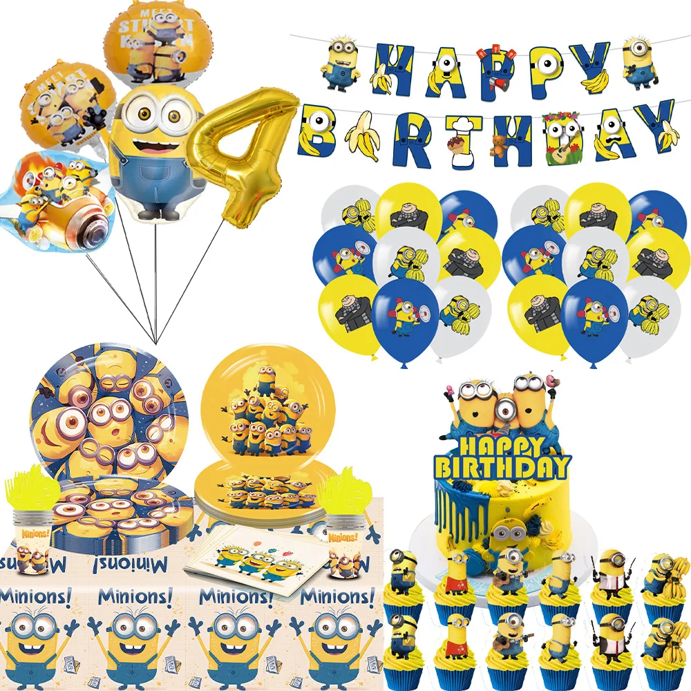 Decorações de Festa com Tema de Anime Minion, Conjunto de Utensílios de Mesa, Pratos, Copos, Balões de Aniversário, Banners para Festa Infantil e Chá de Bebê