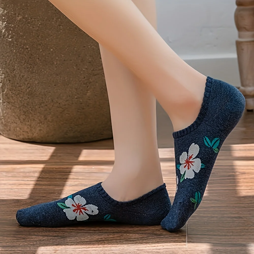 5 Pairs Women's New Floral Print No-Show Socks: Breathable, Moisture-Wicking Low-Cut Socks | /Women's Ankle Socks/Floral Socks/