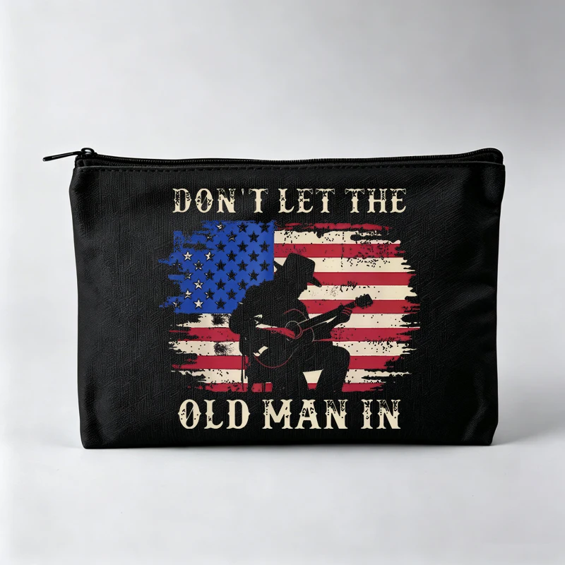 Women's American Flag Inspired Graphic Makeup Bag with Musician Silhouette, Vintage Style Cosmetic Pouch for Daily Use