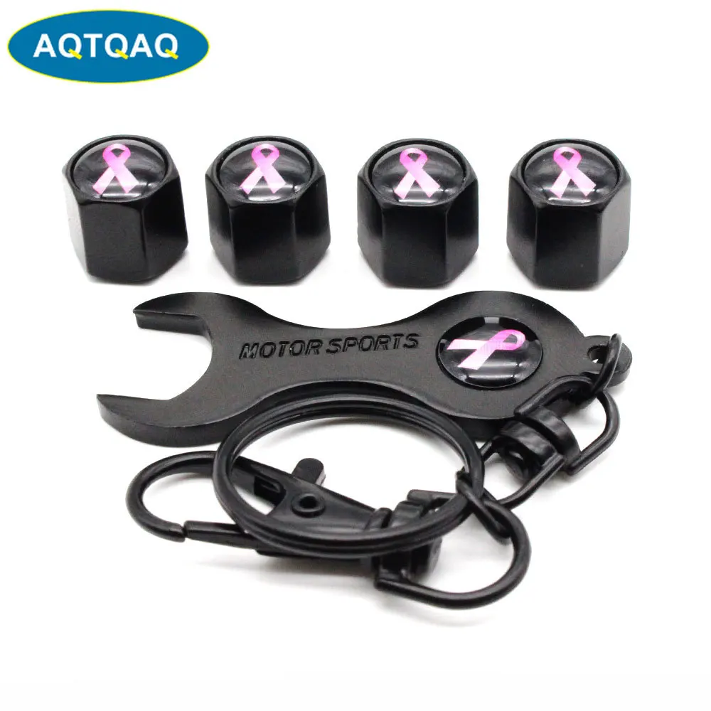 5Pcs/Set Pink Ribbon Style Anti-theft Car Wheel Air Tire Valves Tire Valve Caps Stem  with Wrench Keychain Ring Spanner New