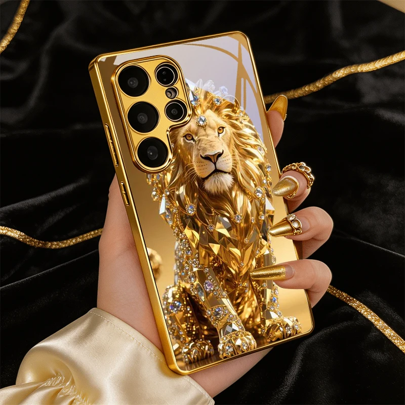 Jeweled Gold Lion Electroplated Golden Phone Case For Samsung Galaxy S25 S24 S26 S23 S22 S21 S20 Ultra Plus FE S26+ Glass Cover