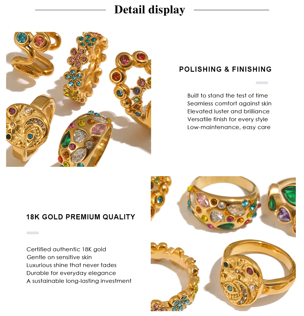 MamacitaSlay 316L Stainless Steel Multicolored CZ Stackable Ring 18K Gold Plated Vintage Waterproof Jewelry For Women Daily Wear