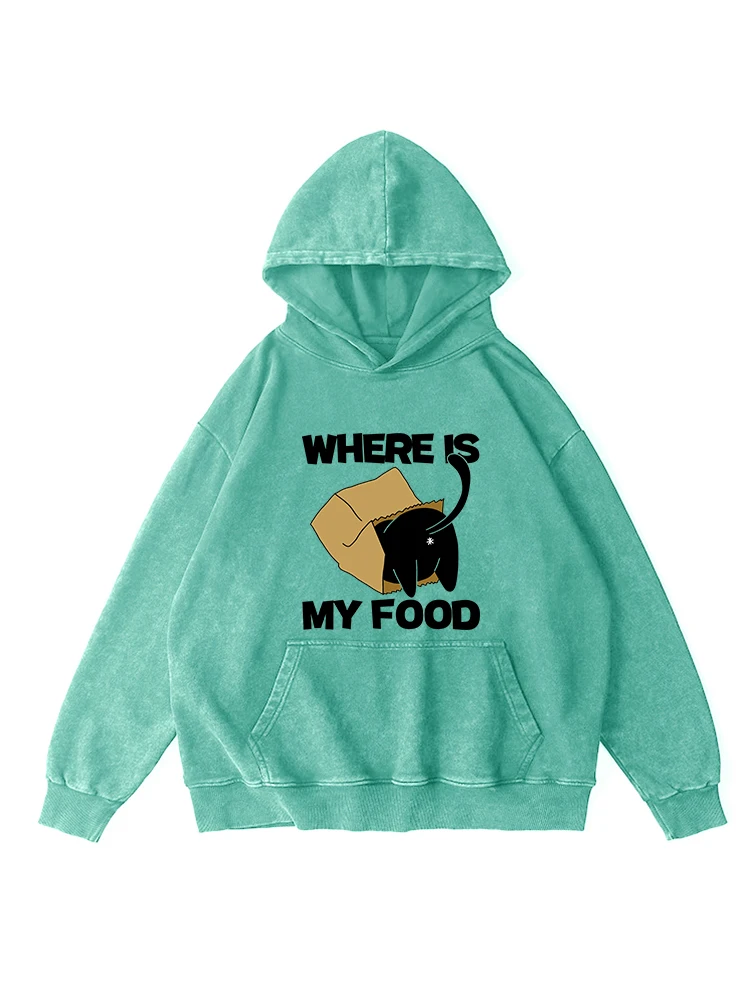 Where Is My Food Kawaii Cat Print Washed Hoodie Women Warm Distressed Tops Casual Cotton Comfortable Hooded Autumn Basic Hoody