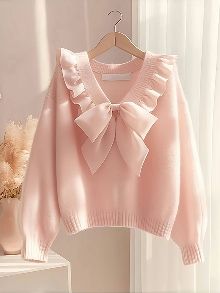 

3D Bow Sweet Pink Cashmere Long Sleeve Loose Pullovers Sweater Women Autumn Winter Long Sleeve Oversized Knitted Jumper F902