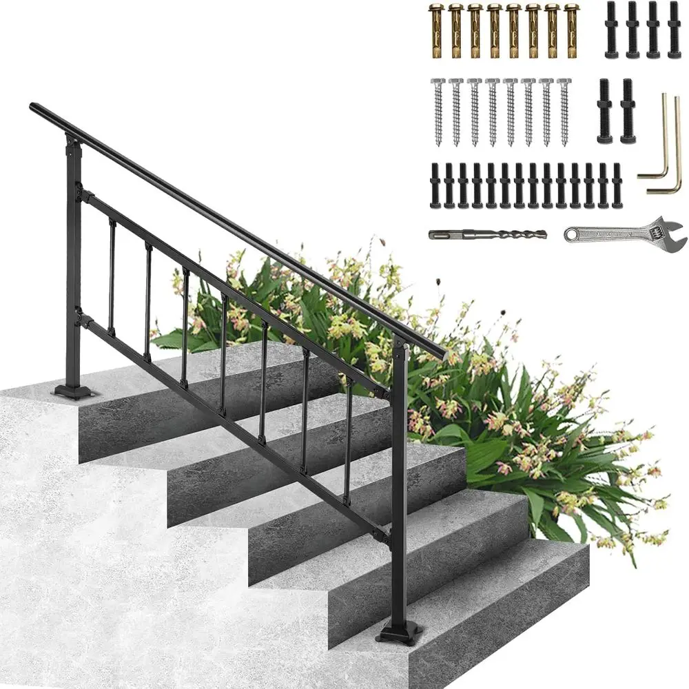 

1-5 Steps Transitional Wrought Iron Handrail, Adjustable Exterior Stair Railing for Wood or Concrete Steps with Installation Kit