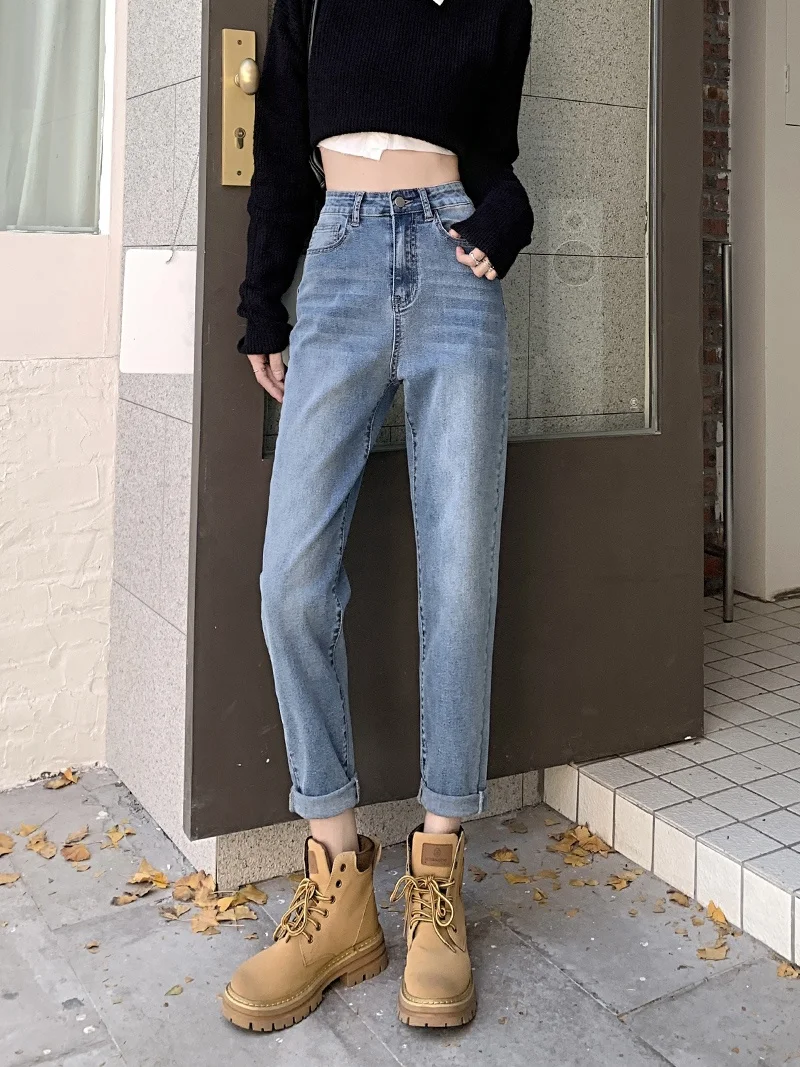 High Waist plus Size Straight Leg Jeans Women's Autumn New Sle Slimming Loose ort Nine Points Harlan Old Dad Pants