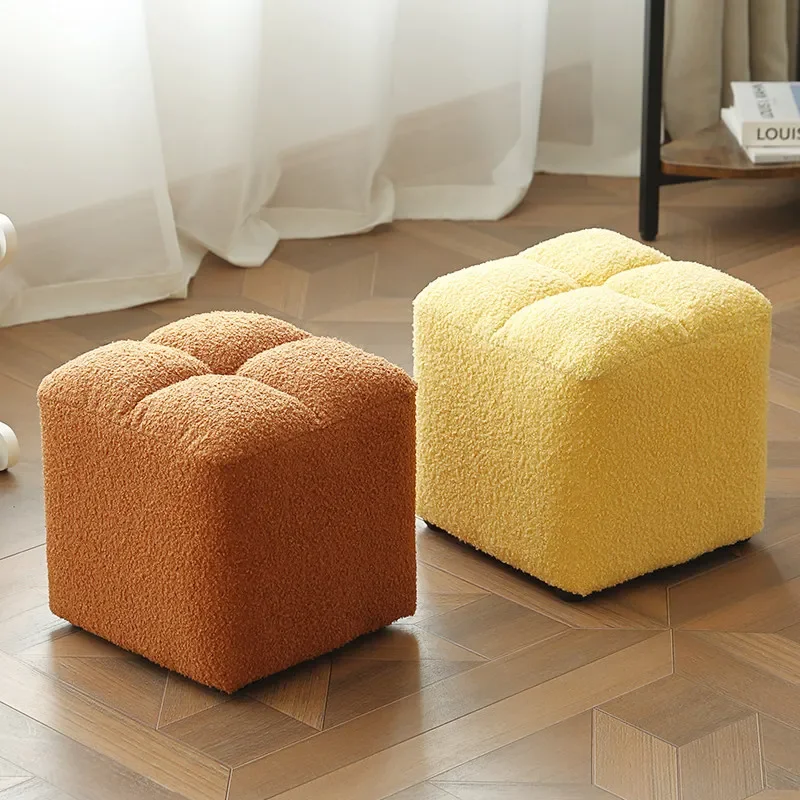 Household Small Stool Low Bench with Soft Lamb Wool Cushion Comfortable Footstool for Entrance Shoe Changing or Sofa Side Use