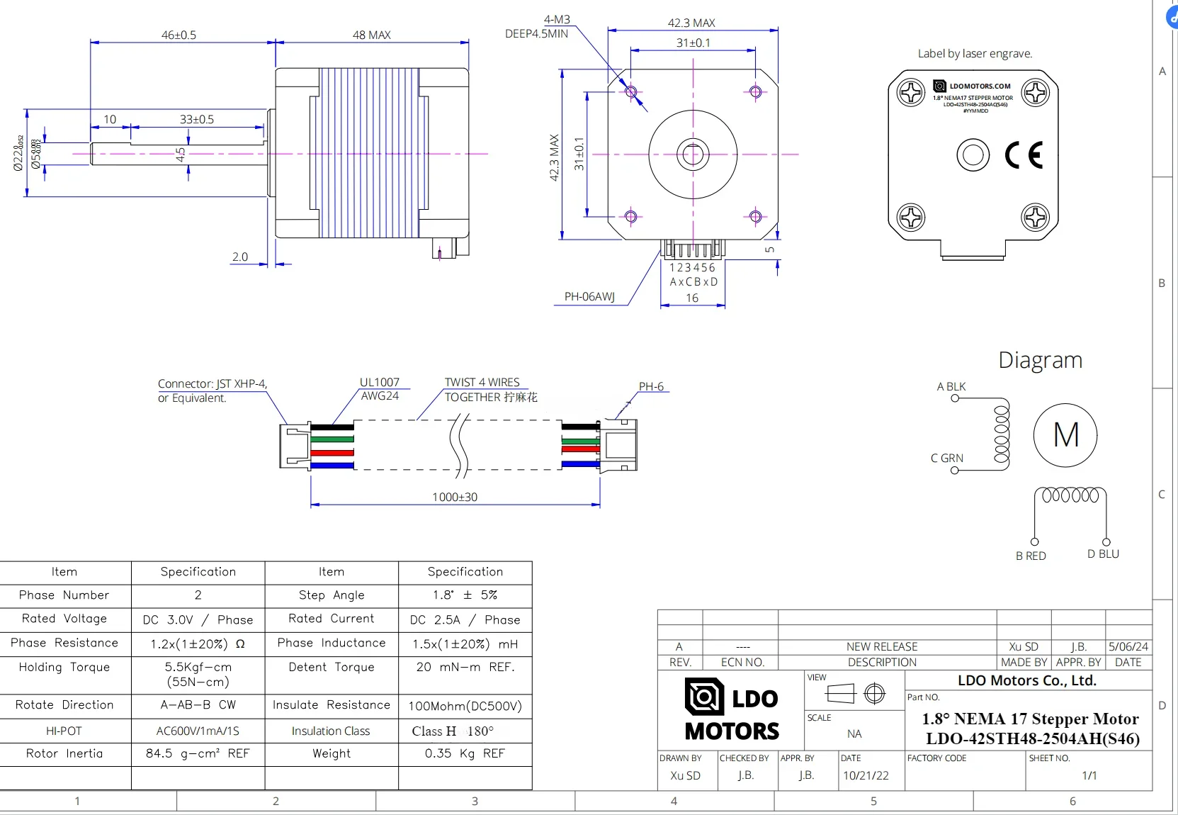 Imagem -02 - Ldo 42sth482504ah S46 1.8 Graus 46 mm Eixo Nema 17 Motor de Passo para Faça Você Mesmo Voron Vzbot Ender Prusa i3 Impressora 3d